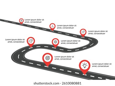 Infographic Template Featuring 7-Step Roadmap, Icon Set, and Location Pins – Designed for Business Presentation and Print Use