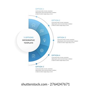 Infographic template featuring a central circle with a five step semicircle diagram, five steps or options infographics