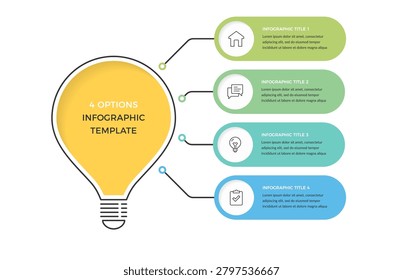 Infographic template featuring a central lightbulb shape with four connecting horizontal banners designed for business presentation, creative brainstorming, project planning, or step-by-step process visualization