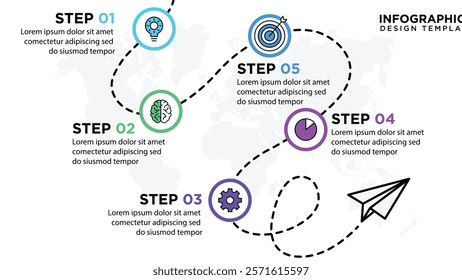 Infographic template featuring creative step-by-step flow with editable elements. Perfect for business timelines and data visualization projects.