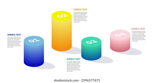 Infographic template featuring four cylindrical steps in a gradient color scheme blue, yellow, green, and pink, each cylinder is numbered and accompanied by placeholder text