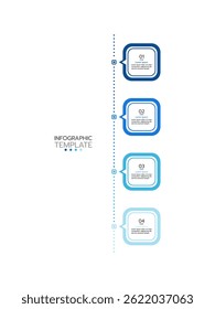 Infografik-Vorlage mit vier vertikalen, nummerierten runden Quadraten mit einem Farbverlauf von dunkelblau bis hellblau Umrisse. Vektorgrafik.