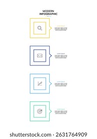 Infographic template featuring four vertical, connected squares with a gradient outline from yellow to green. Each square contains a thin line icon and adjacent placeholder text. Vector illustration.
