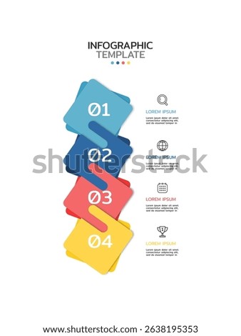 
Infographic template featuring four vertical, overlapping rounded squares with a gradient color scheme. Each square is numbered and includes an icon with adjacent placeholder text.