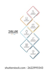 Modelo infográfico com sete quadrados arredondados angulares sobrepostos com um gradiente de contornos de vermelho a azul escuro. Cada quadrado arredondado contém um ícone e uma área de texto. Ilustração vetorial.