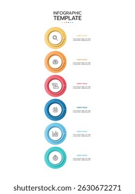 Infographic template featuring seven vertical, connected circles with a gradient outline from red to blue, resembling a timeline. Each circle contains a thin line icon and adjacent placeholder text.