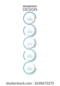 Modelo infográfico com sete círculos verticais conectados com um contorno de gradiente de vermelho a azul, assemelhando-se a uma linha do tempo. Cada círculo contém um ícone de linha fina e um texto de espaço reservado adjacente.