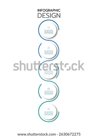 Infographic template featuring seven vertical, connected circles with a gradient outline from red to blue, resembling a timeline. Each circle contains a thin line icon and adjacent placeholder text.