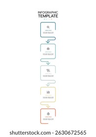 Infographic template featuring six vertical, connected circles with a gradient outline from light green to blue. Each circle contains a thin line icon and adjacent placeholder text.
