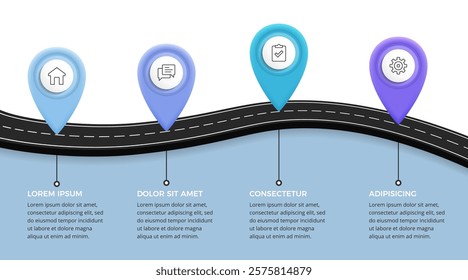 Infographic template featuring a winding road and four location markers with icons, vector eps10 illustration