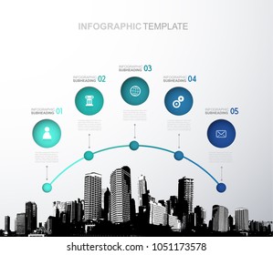 Infographic template with five circles, icons and city.