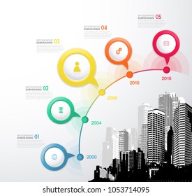 Infographic template with five circles, icons and city.