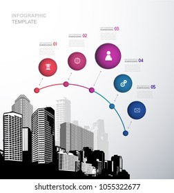 Infographic template with five circles, icons and skyscrapers.