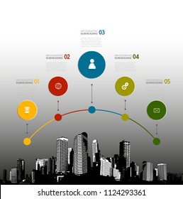 Infographic template with five circles, icons and skyscrapers.