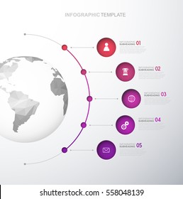 Infographic template with five circles and icons line up beside polygonal map - light version.