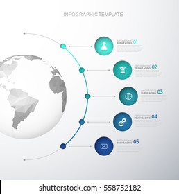 Infographic template with five circles and icons line up beside polygonal map - light version.