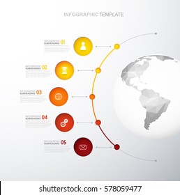 Infographic template with five circles and icons line up beside polygonal map - light version.
