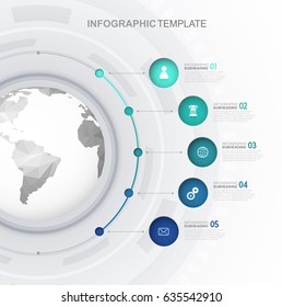 Infographic template with five circles and icons line up beside polygonal map - light version.