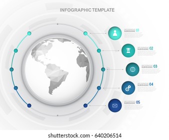 Infographic template with five circles and icons line up beside polygonal map - light version.
