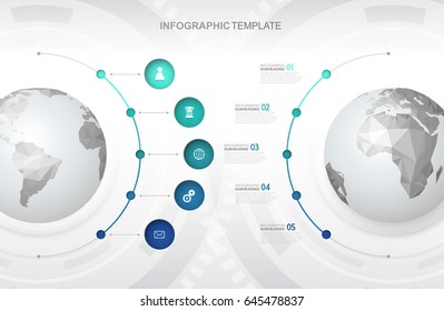 Infographic template with five circles and icons line up beside polygonal maps - light version.