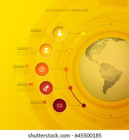 Infographic template with five circles and icons line up beside polygonal map - light version.