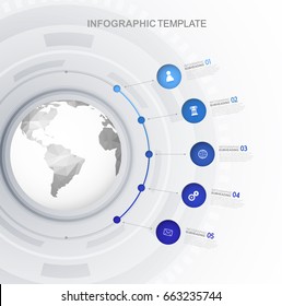 Infographic template with five circles and icons line up beside polygonal map - light version.