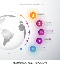Infographic template with five circles and icons line up beside polygonal map - light version.