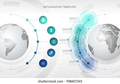 Infographic template with five circles and icons line up beside polygonal maps - light version.