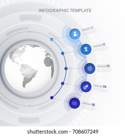 Infographic template with five circles and icons line up beside polygonal map - light version.