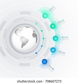Infographic template with five circles and icons line up beside polygonal map - light version.