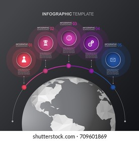 Infographic template with five circles and icons line up beside polygonal map - dark version.
