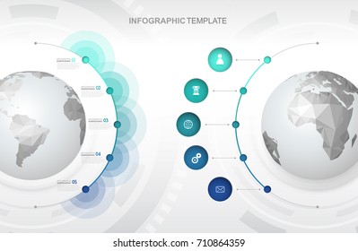 Infographic template with five circles and icons line up beside polygonal maps - light version.