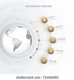 Infographic template with five circles and icons line up beside polygonal map - light version.
