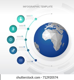 Infographic template with five circles and icons line up beside polygonal map - light version.