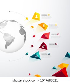 Infographic template with five colorful shapes and icons line up beside polygonal map.