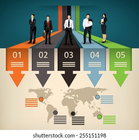 Infographic template of five different option and a world map with points of interest and a business team people illustration