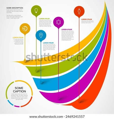 Infographic template with five droplet pointers on curved rainbow stripes. Multipurpose infographic template with five elements