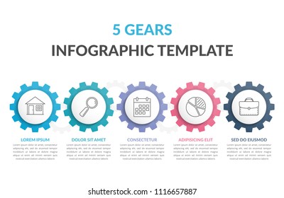 Infographic template with five gears with line icons, vector eps10 illustration