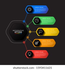 infographic template with five hexagonal elements on black background. modern business process visualisation with thin line marketing icons. vector illustration easy to edit and customize. eps 10