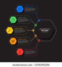 infographic template with five hexagonal elements on black background. modern business process visualisation with thin line marketing icons. vector illustration easy to edit and customize. eps 10