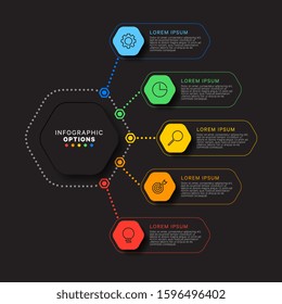 infographic template with five hexagonal elements on black background. modern business process visualisation with thin line marketing icons. vector illustration easy to edit and customize. eps 10