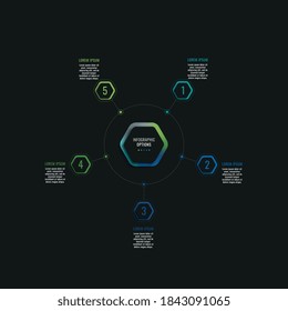 Infographic template with five hexagonal elements and text boxes on a black background. Modern business process data visualization. Vector illustration easy to edit and customize. Eps 10