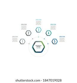 Infographic template with five hexagonal elements and text boxes on a white background. Modern business process data visualization. Vector illustration easy to edit and customize. Eps 10