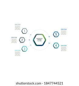 Infographic template with five hexagonal elements and text boxes on a white background. Modern business process data visualization. Vector illustration easy to edit and customize. Eps 10
