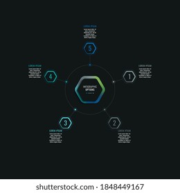 Infographic template with five hexagonal elements and text boxes on a black background. Modern business process data visualization. Vector illustration easy to edit and customize. Eps 10