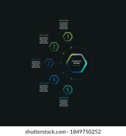 Infographic template with five hexagonal elements and text boxes on a black background. Modern business process data visualization. Vector illustration easy to edit and customize. Eps 10