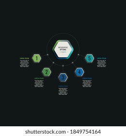 Infographic template with five hexagonal elements on a black background. Modern business process visualisation with thin line marketing icons. Vector illustration easy to edit and customize. Eps 10