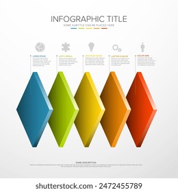 Plantilla de infografía con cinco niveles Horizontales de escritorio de arco iris sobre fondo blanco. Bloques cuadrados con iconos y descripciones - Plantilla infográfica multipropósito