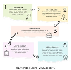 Plantilla de infografía con cinco opciones con notas de papel y flechas dibujadas a mano, eps10 ilustración