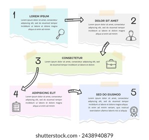 Infographic template with five options with paper notes and hand drawn arrows, vector eps10 illustration